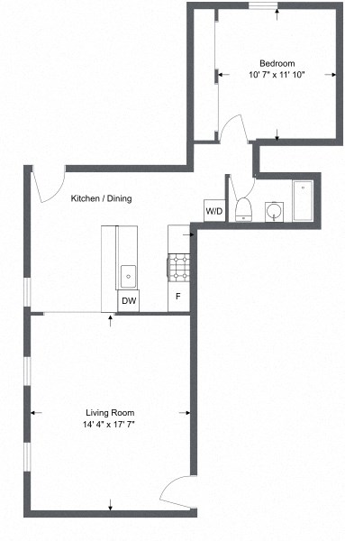 Floor plan for 1 bed, 1 bath, 635 sqft